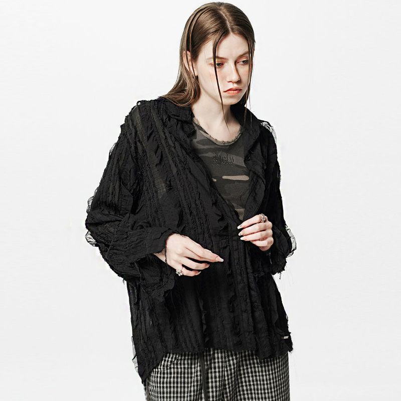 HOLY NUMBER 7(ホーリーナンバーセブン)の「Raw Edge Detail Ruffle Shirt _ Black(Tops)」