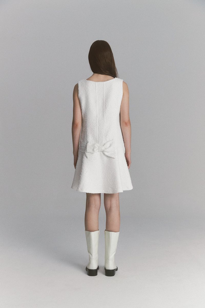 Back Ribbon Tweed Dress White