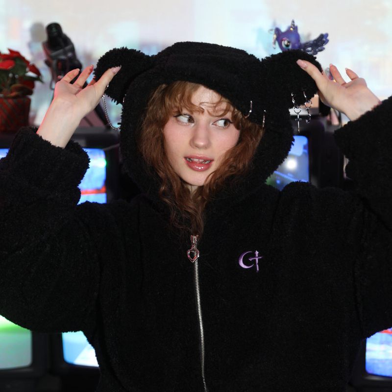 0 1 punk bear fleece jacket - BLACK
