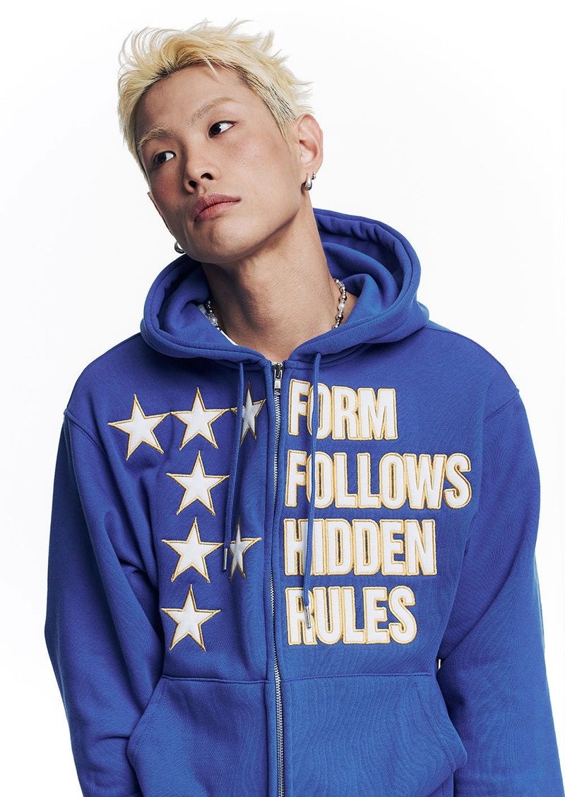 Star Lettering Patch Hoodie Zip-Up - Blue