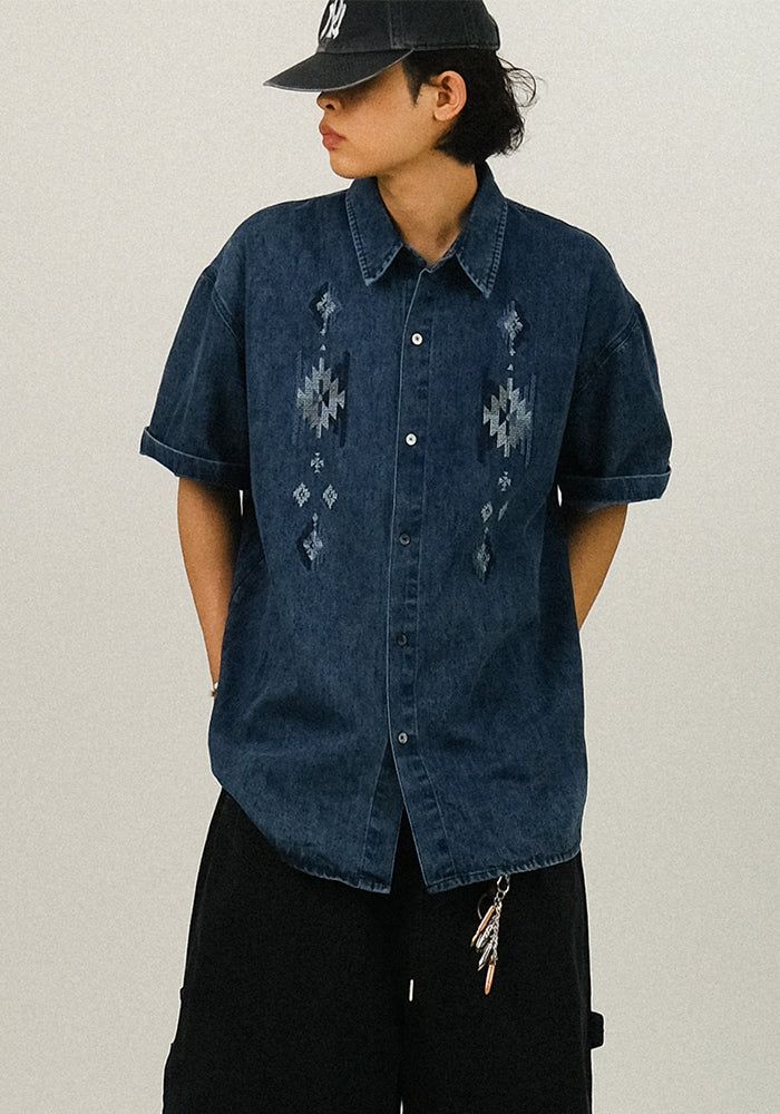 SEMIKAJI（セミカジ）の「RT Diamond Denim 1/2 Shirt（Tops）」