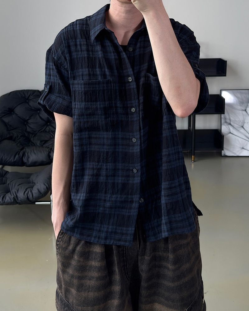 Embossed Texture Check Roll-Up Shirt