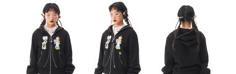 sillysis 黒のかわいい女の子イラスト、両頭金属ジッパー構造感スウェットパーカー
