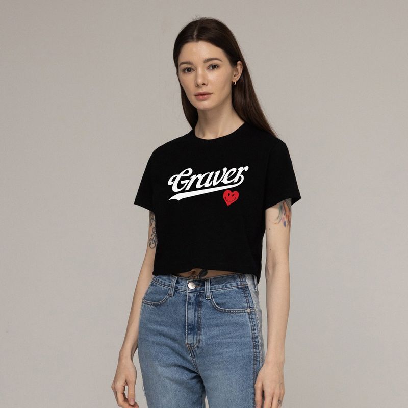 GRAVER（グレーバー）の「Base Ball Logo Heart Smile Crop Short-Sleeved T-Shirt（Tops）」