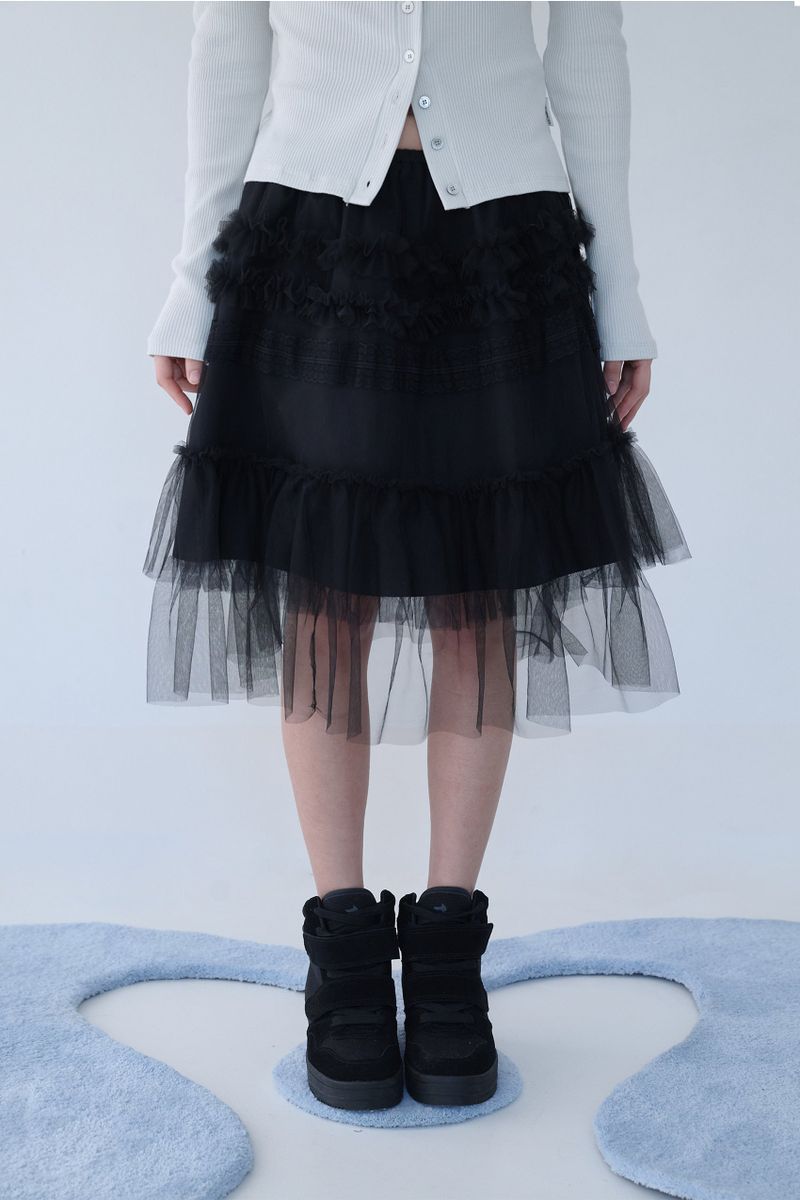 TULLE FRILL MIDI SKIRT BLACK