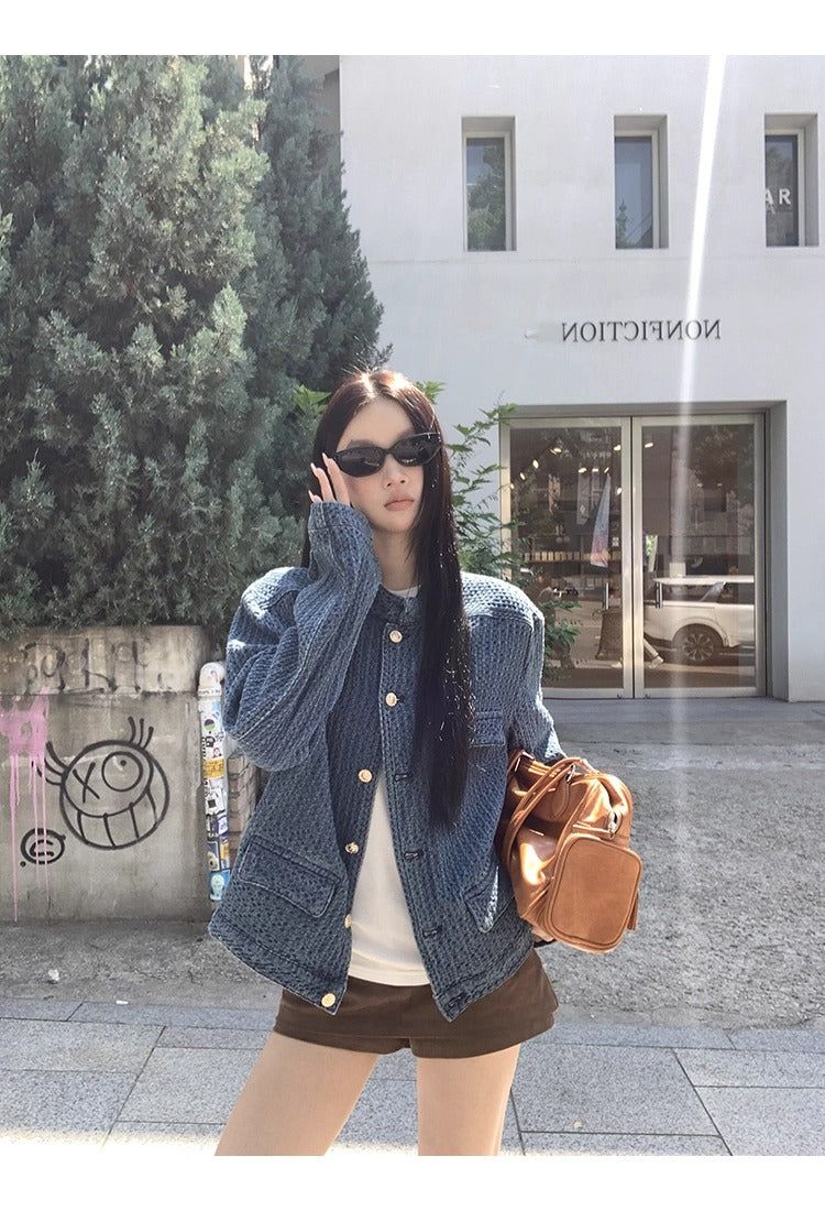Blue casual gold button denim jacket