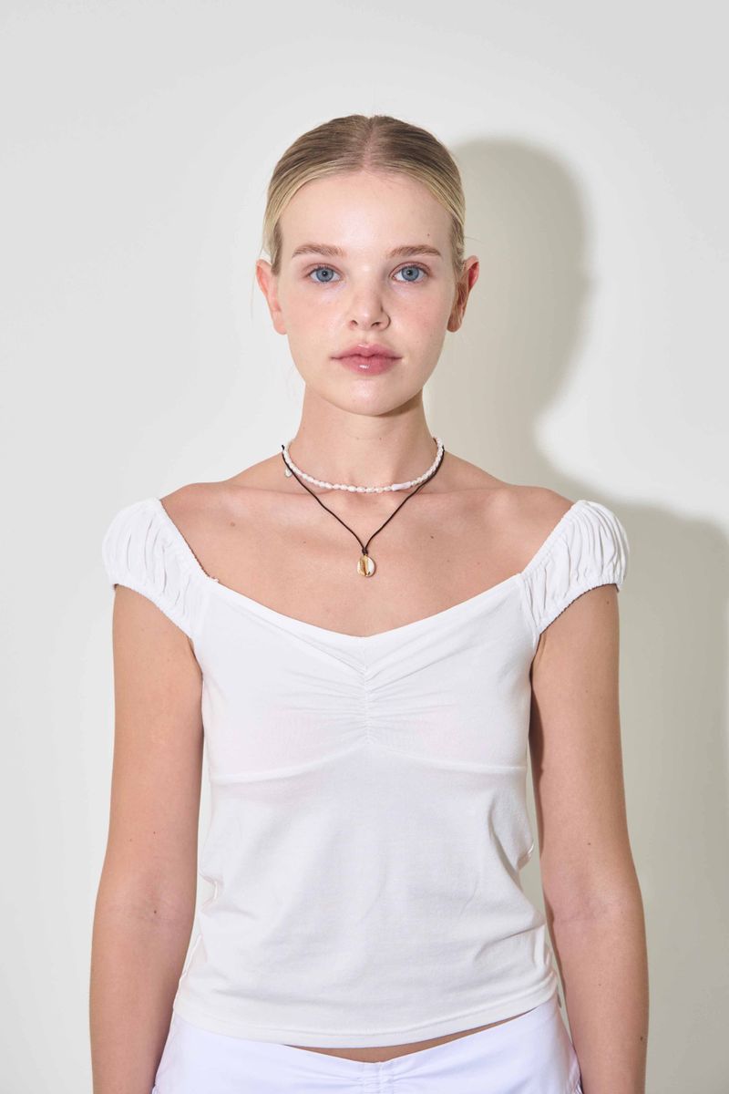 OFF SHOULDER SHIRRING TOP / IVORY