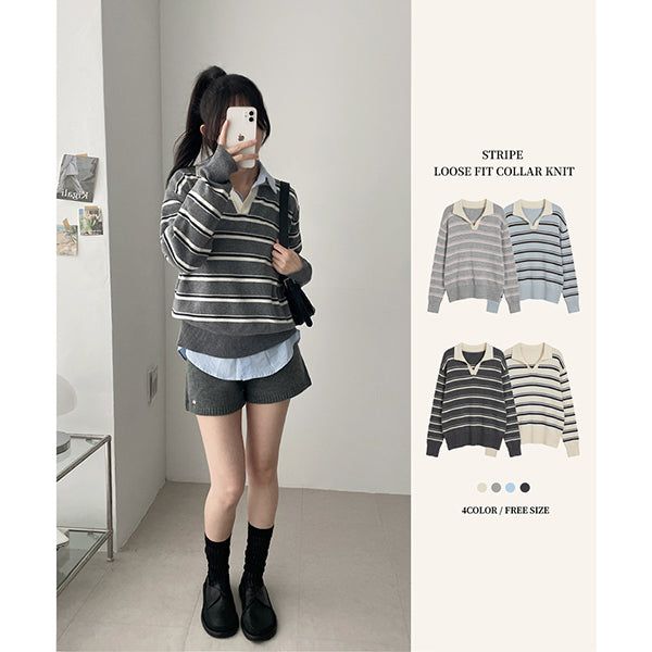 hijjoo（ハイチュー）の「Open Cara Striped Loose Knitwear T-shirt（Tops）」