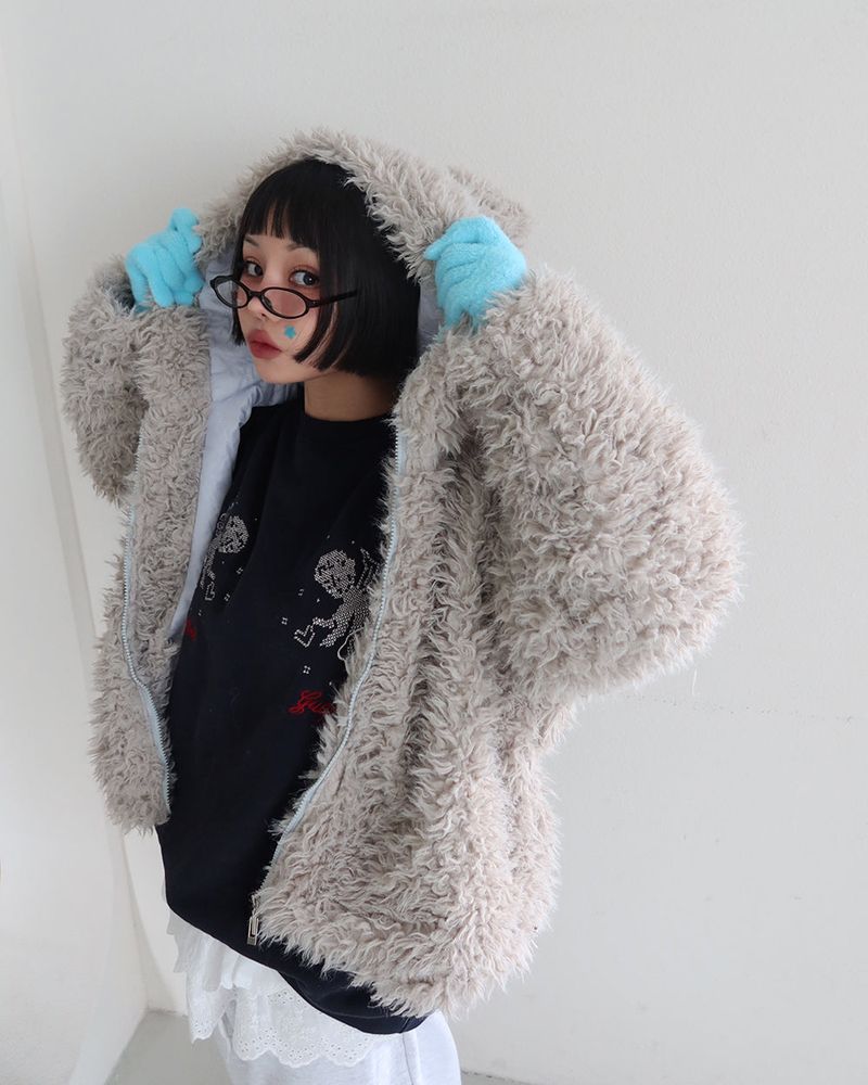Rabbit ear hood zip-up soft fur jacket