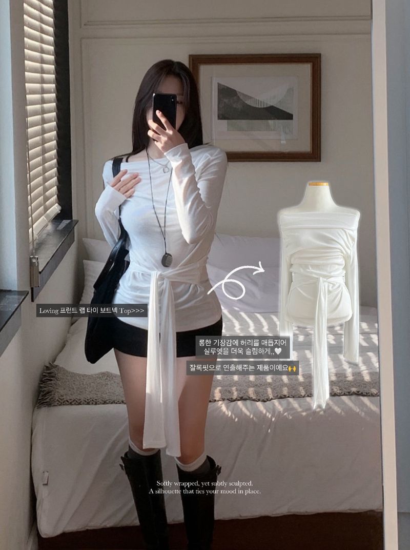 Loving Front Wrap Tie Boat Neck Long Sleeve Tee 