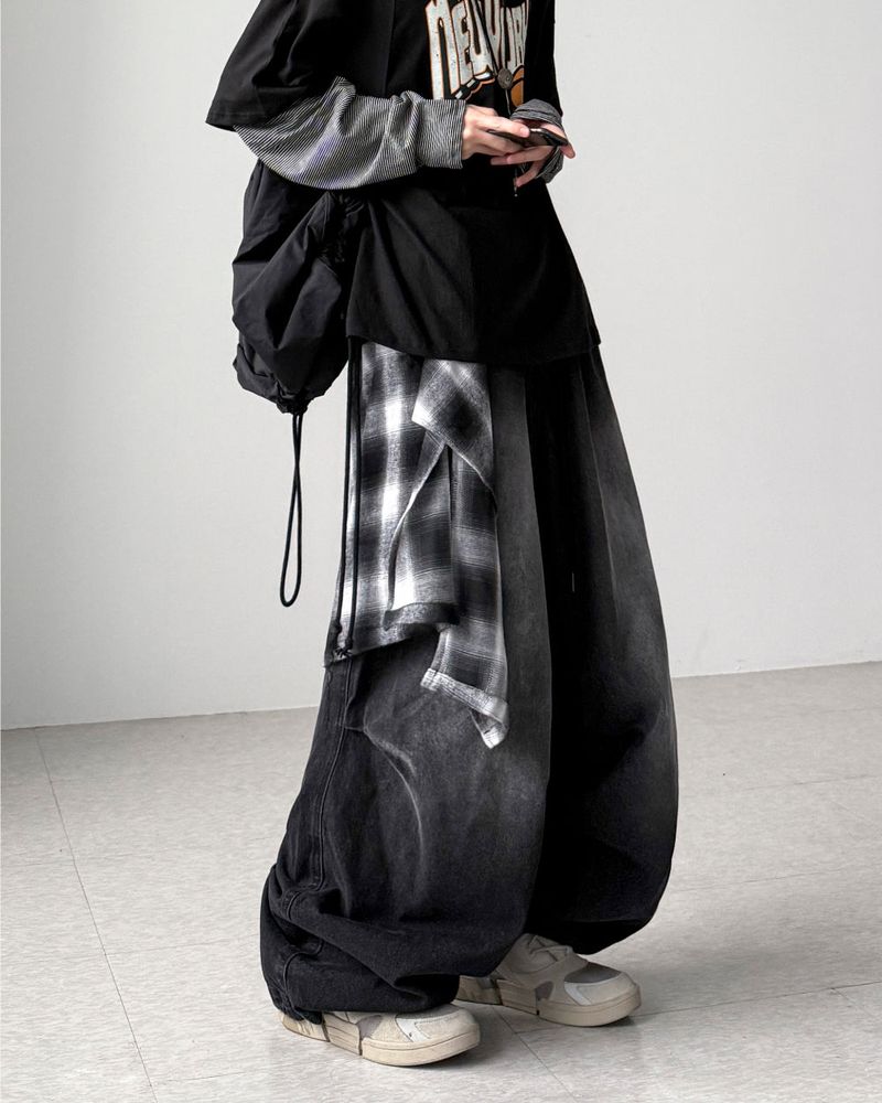 Check Skirt Layered Denim