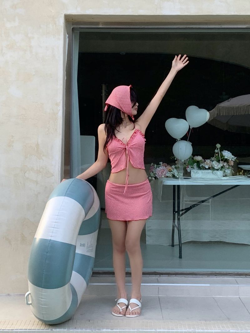 Picnic Girl Gingham Headscarf 3pcs Bikini SET