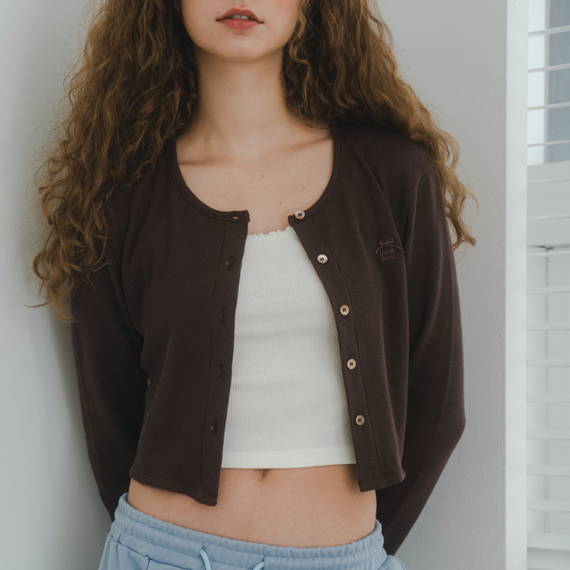 Waffle Crop Cardigan(BROWN)
