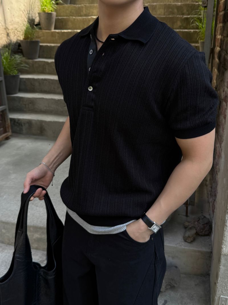 Texture collar knitwear short-sleeve