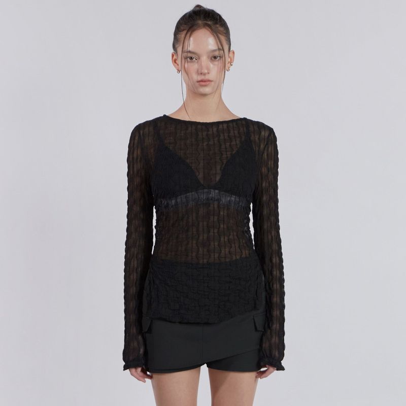 JINJUSE(ジンジュユーズ)の「SEETHROUGH LACE SLIT TOP(BLACK)(Tops)」