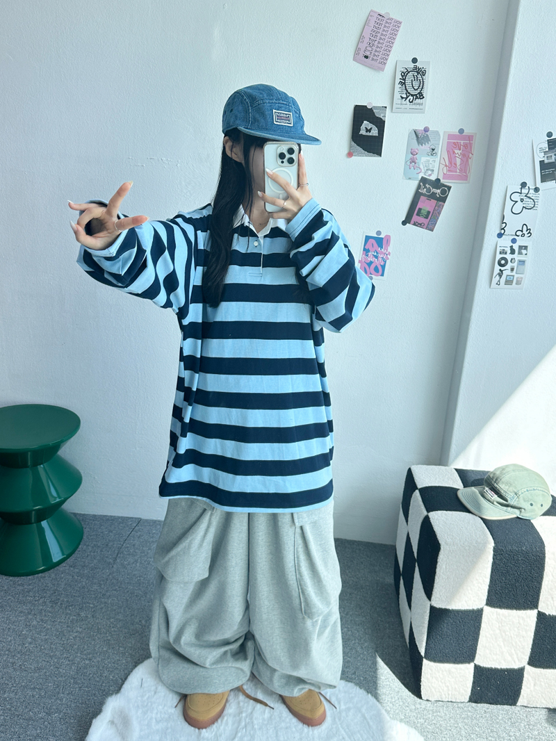 CCORTTI（コルッティ）の「STRIPED COLLAR BOX OVERFIT LONG SLEEVE❤💙🩵🤎 COLOR（Tops）」