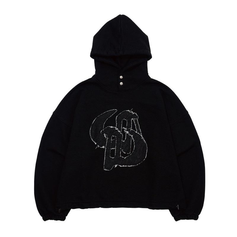 WASHED DENIM APPLIQUE SHORT HOODIE_BLACK