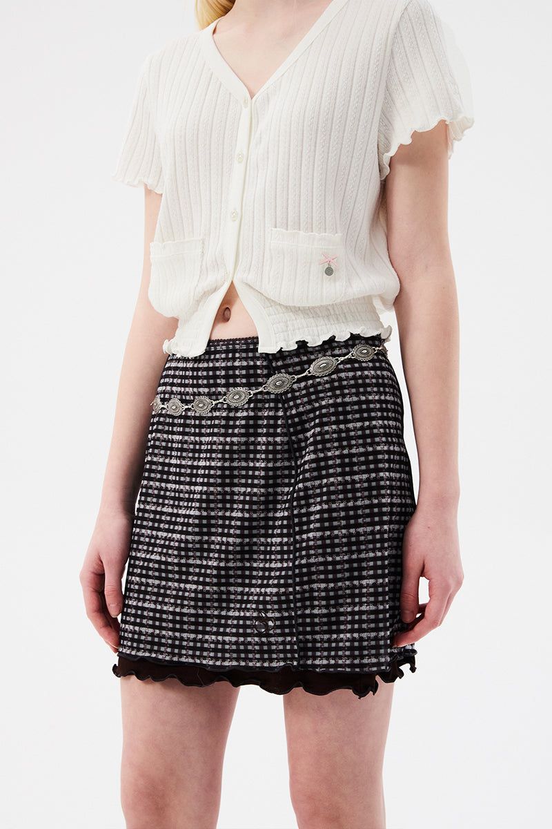 CHERRY PATTERN MESH MINI SKIRT [BROWN]