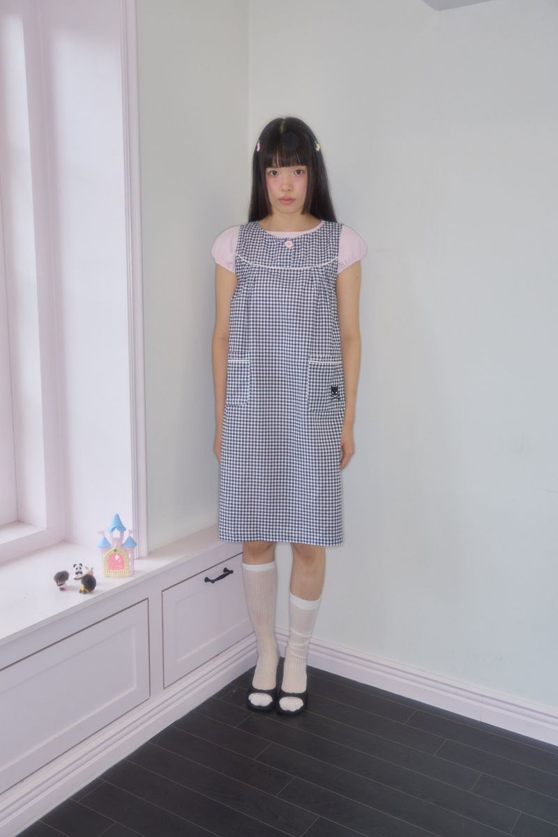 ONE BUTTON GINGHAM CHECK DRESS (BLACK)