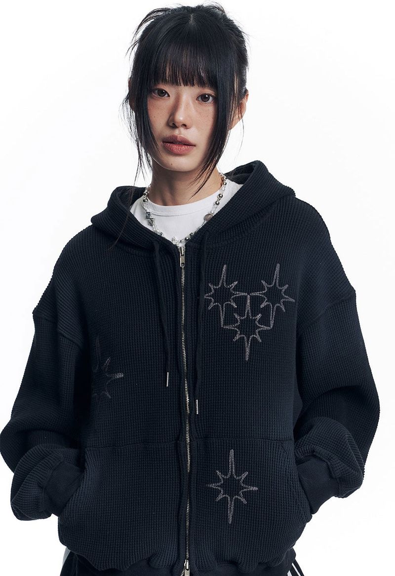 Washed Star Waffle Hooded Zip-Up - Black