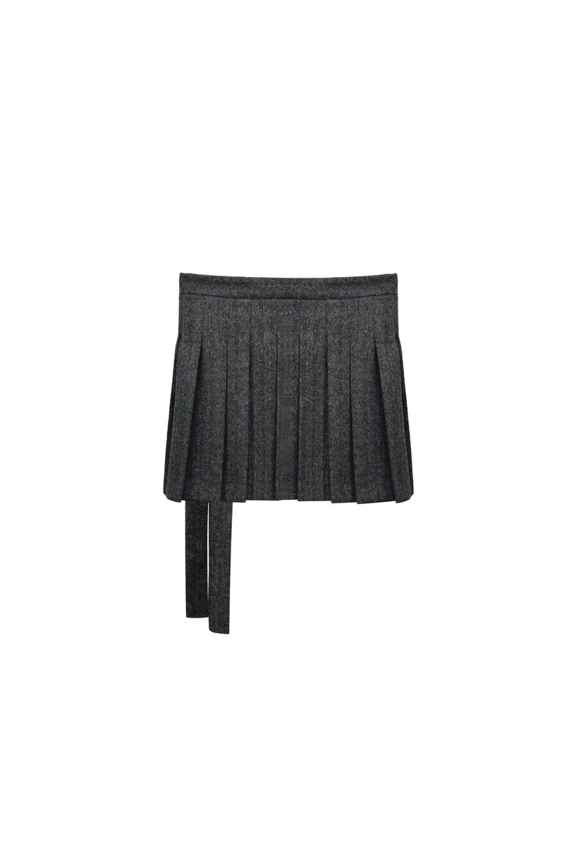 CLASSY HERRINGBONE WOOL SKIRT PANTS / CHARCOAL