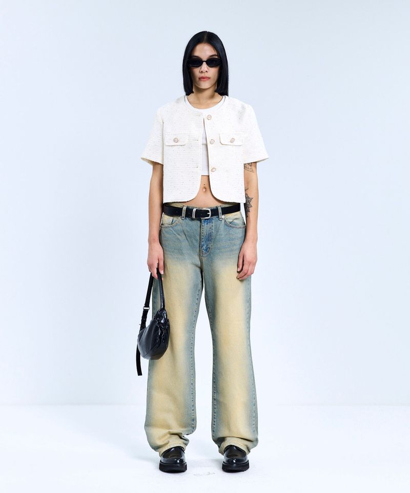 85-VIVAJ055 Textured Round Crop Tweed Half Jacket White