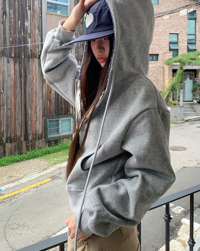 Mchi Check Color-Block Long Sleeve Hoodie Zip-Up