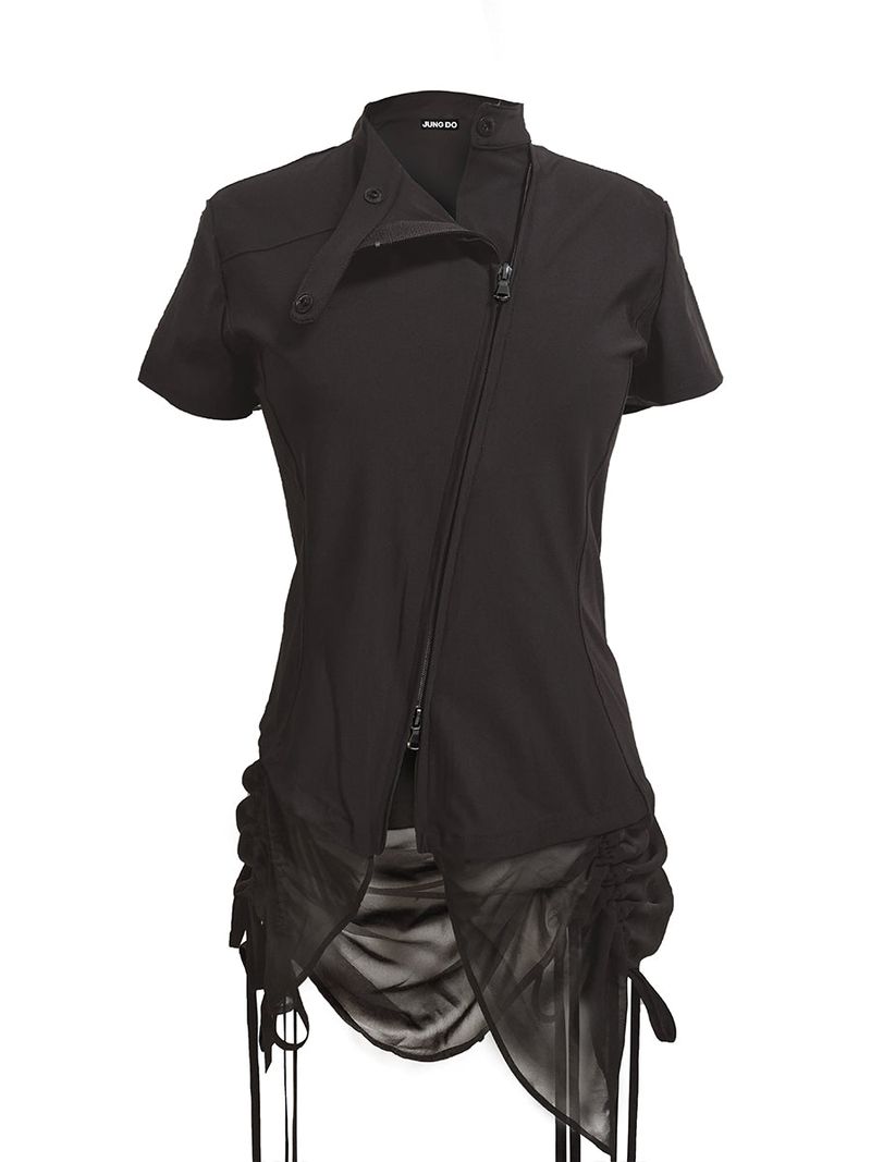 JUNGDO（ジョンド）の「 CURVED ZIP-UP SHIRT WITH LAYER . DARK BROWN（Tops）」
