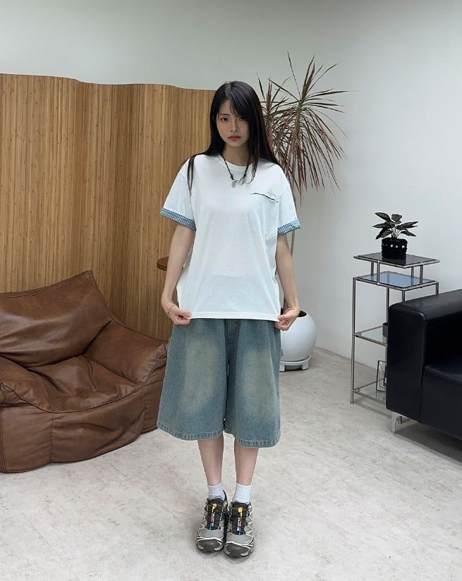 Seren check roll-up short-sleeve tee