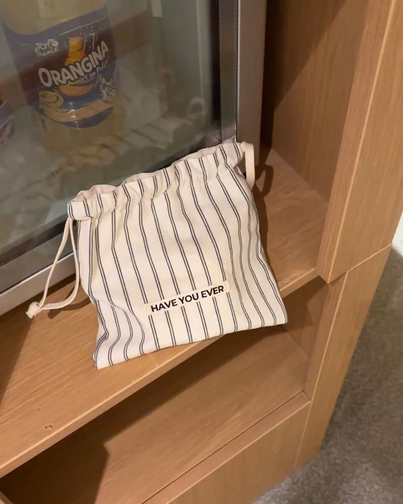 Pattern string pouch - beige stripe , S size