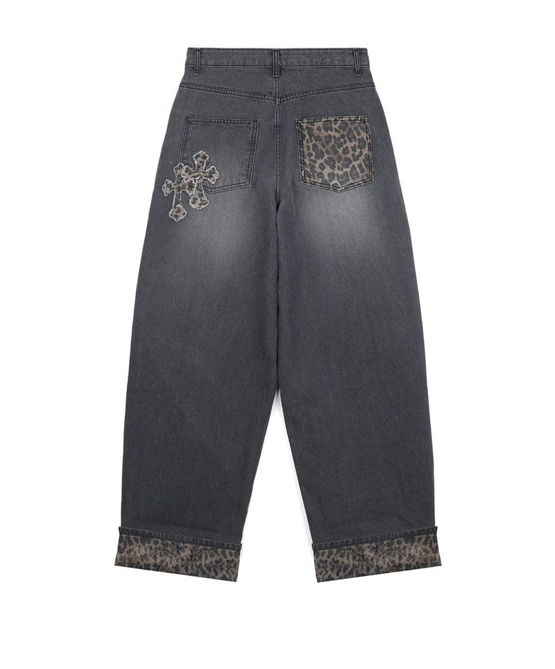 Leopard Cross Patch Roll-Up Denim Pants - Black
