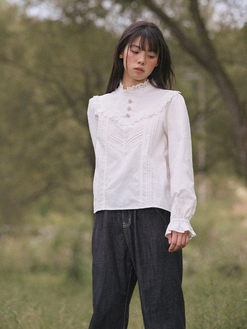 High-Neck Lace-Frill Blouse (Ivory)