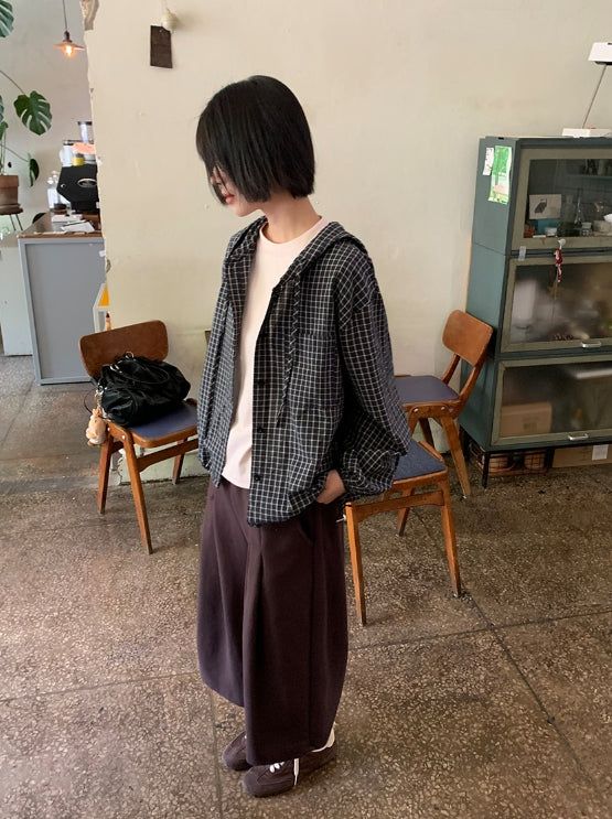 Attil check hood long sleeve shirt