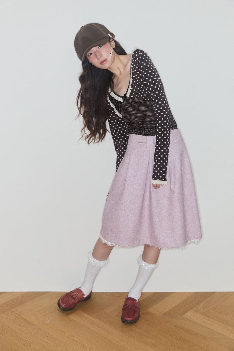 SHAKIRI(シャキリ)の「BOW MIDI WOOL SKIRT (PINK)(Skirts)」