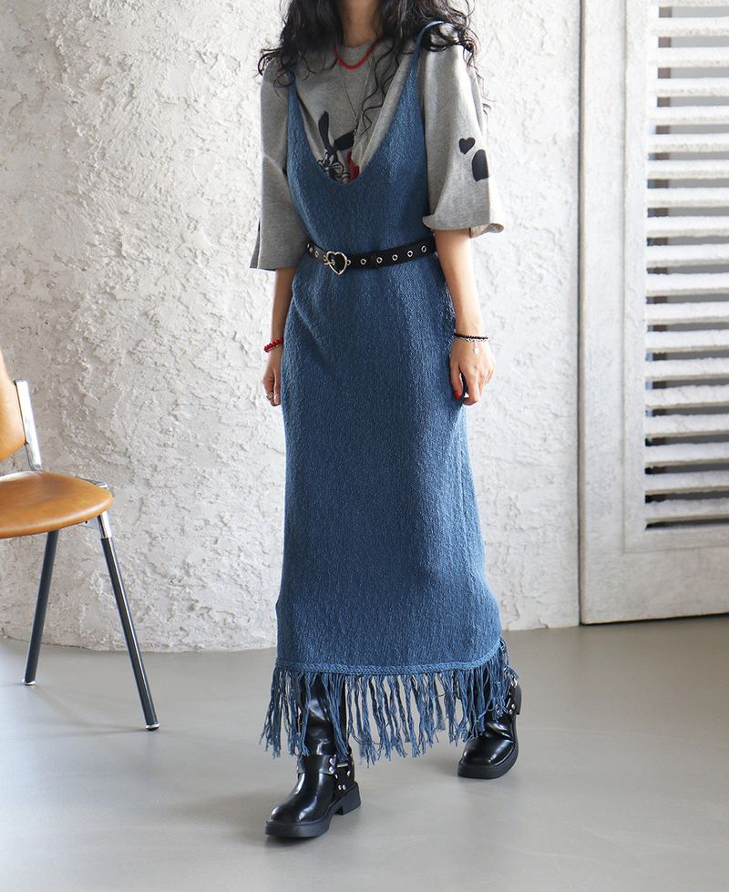 knit fringe bustier long dress