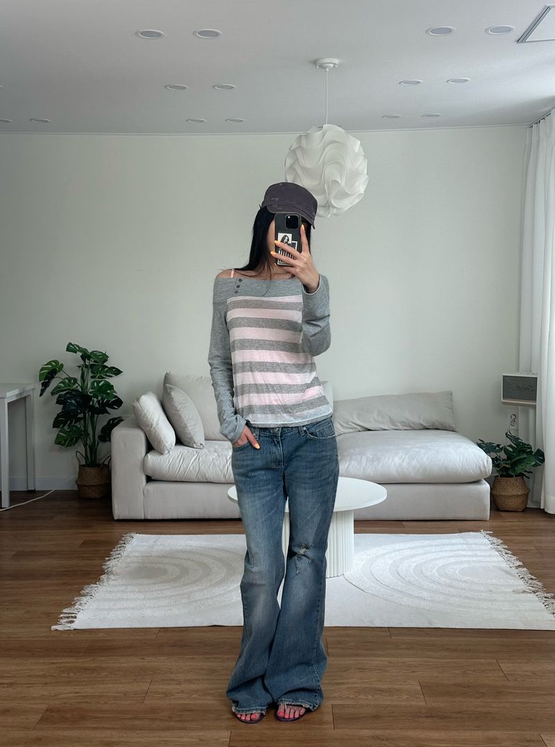 ストライプ オフショルダー Tシャツ