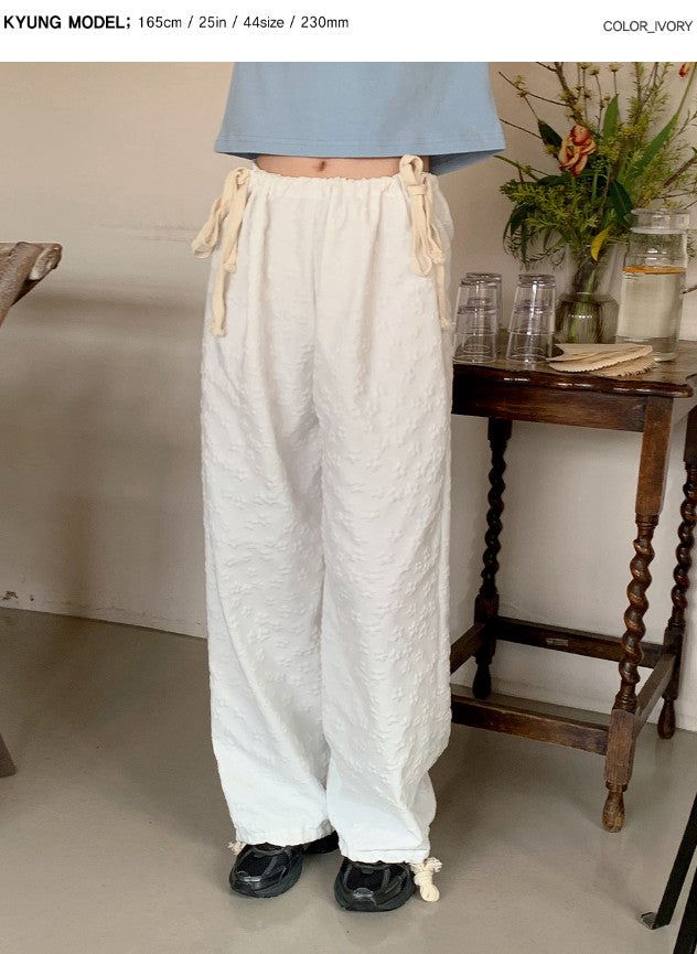 Flower Emboss String Wide Jogger Pants (4color)