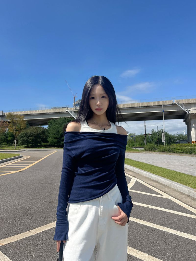 Layered shirring off-shoulder solid long sleeve knit top (3 colors)