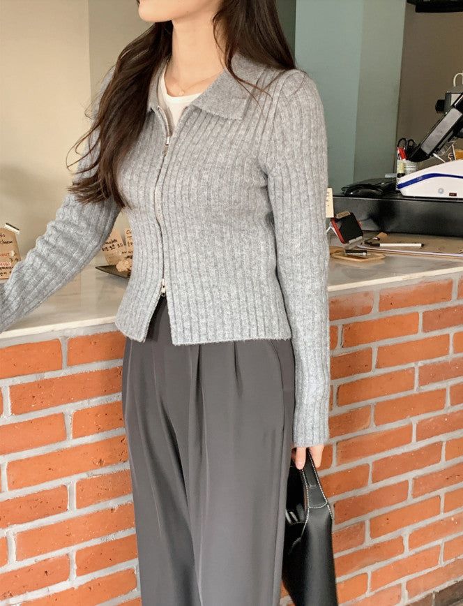 AZ Collar Crop Knit Zip-up (4color)