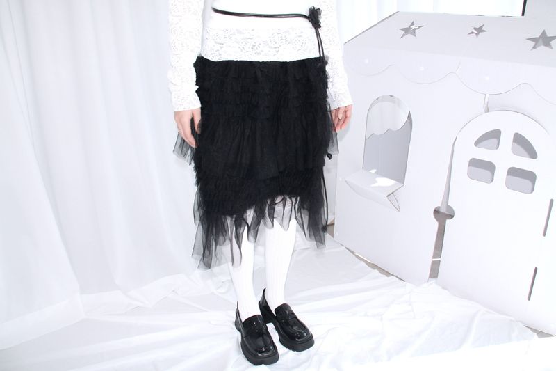 frill lace layered midi skirt