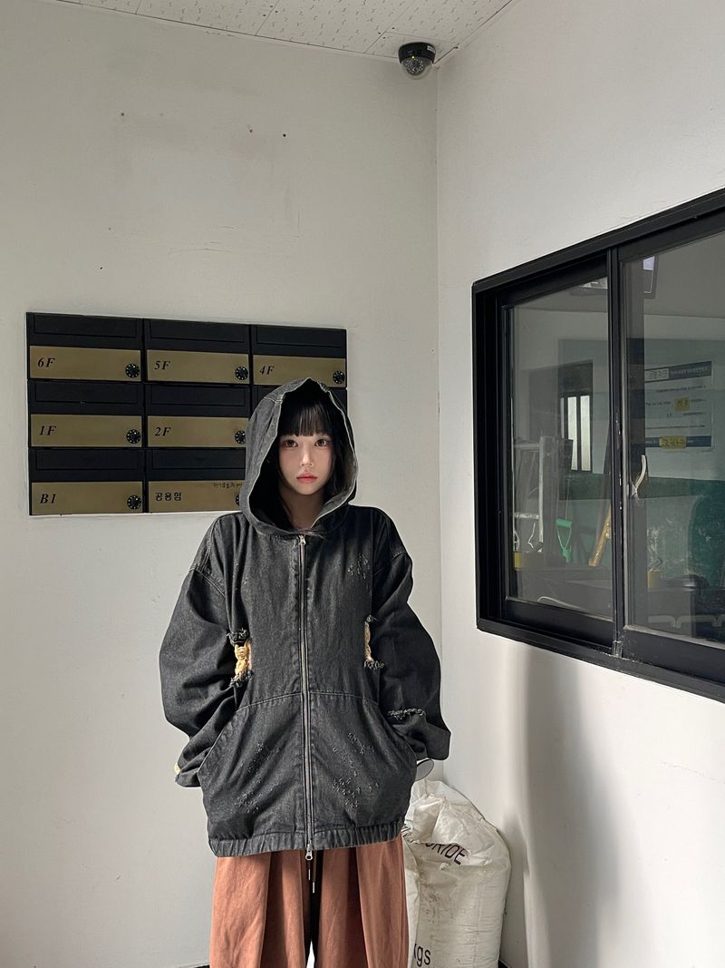 Vintage Dis denim Hooded Zip-Up