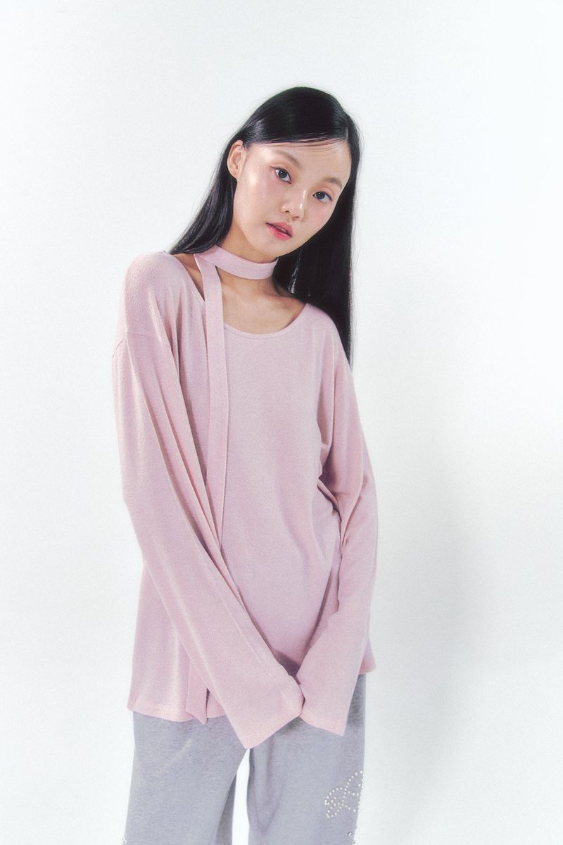 Knit Tie Long Sleeve Set Pink