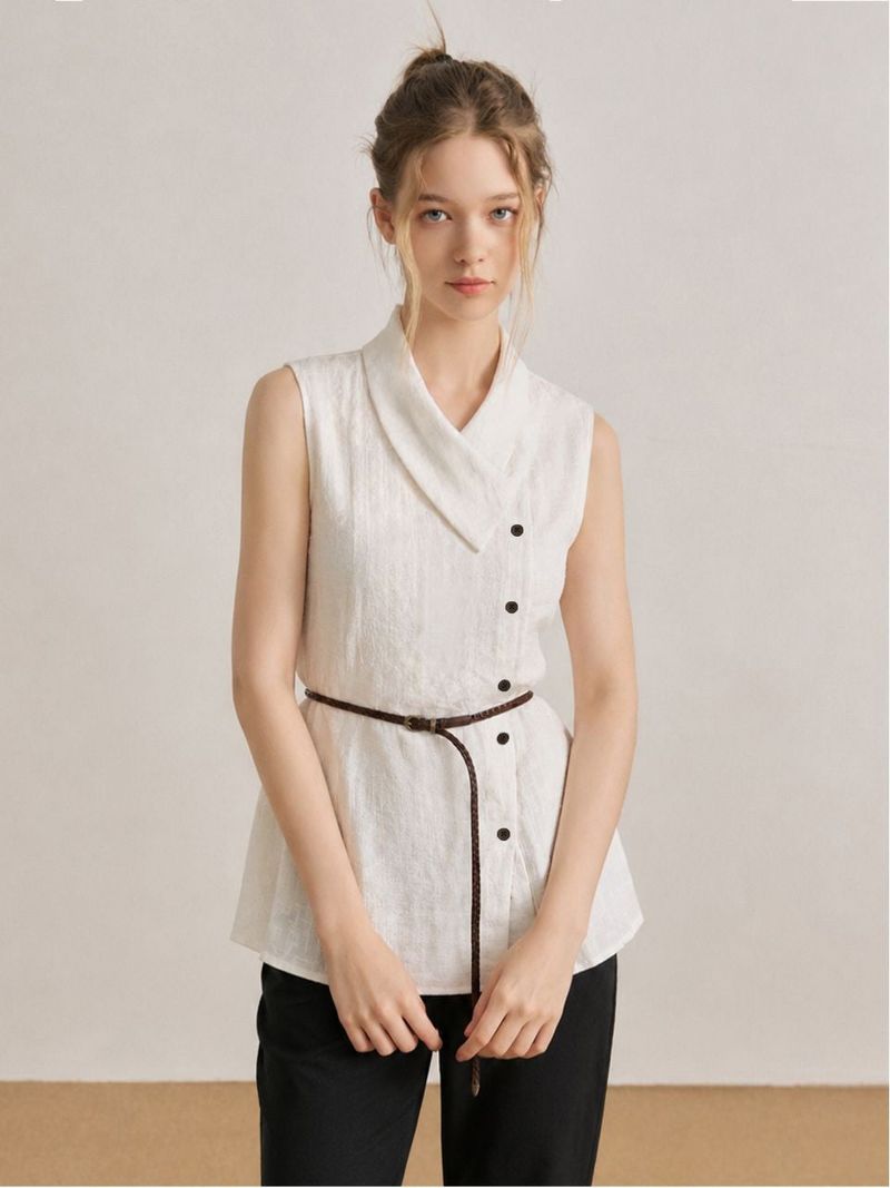 Lunel Wrap Collar Linen Sleeveless Blouse Ivory