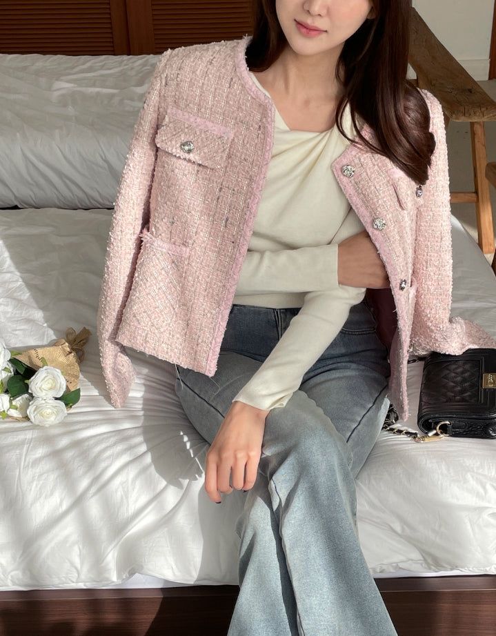 Lock color matching round pearl tweed jacket