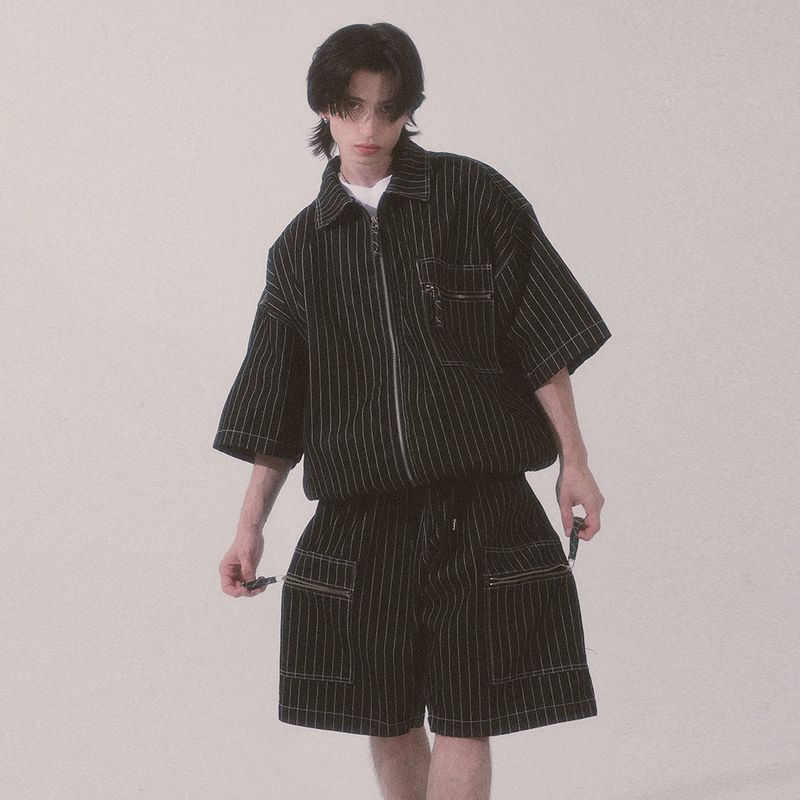 stripe denim shorts_black