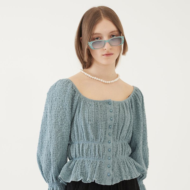 SHIRRING SQUARE BLOUSE (BLUE)