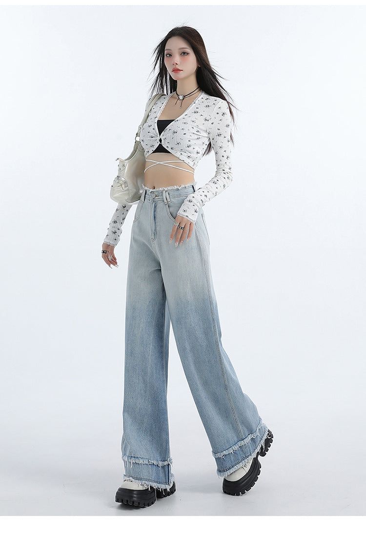 Gradient Blue Raw-Edge Wide-Leg Denim Pants