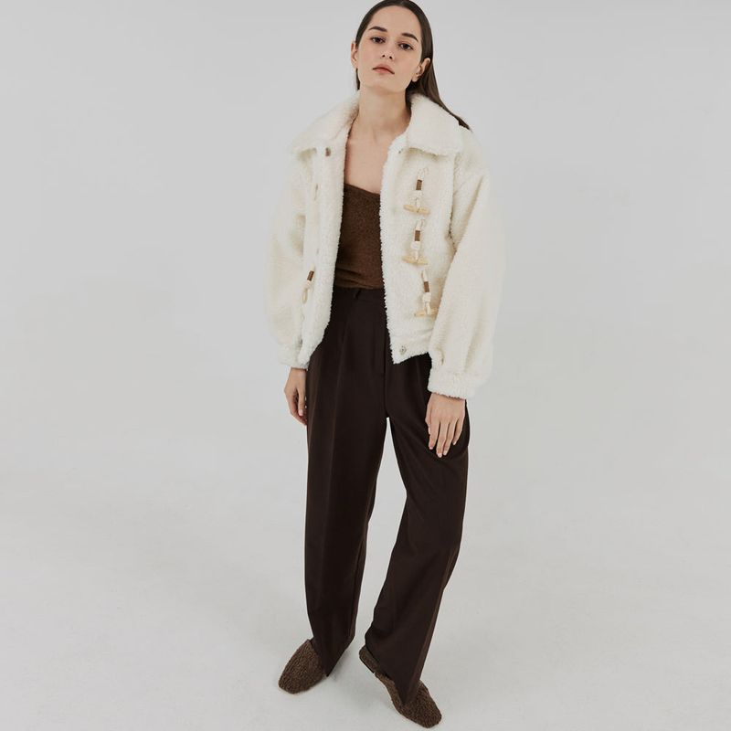 Two-Tuck Button Wide Wool Pants (Brown)
