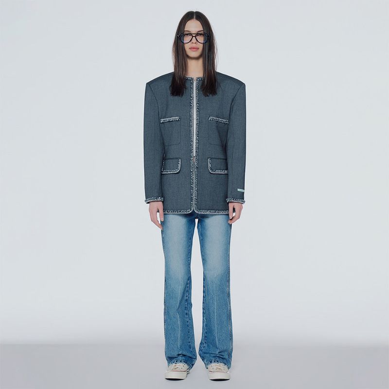 Collarless wool-blend tweed jacket