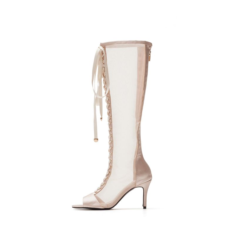 Satin See-Through Open Toe Boots Heel(Beige)